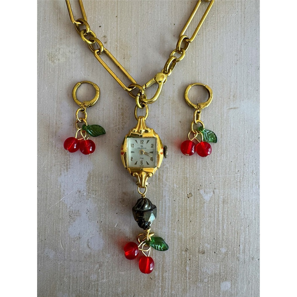 Victorian Raw Brass Necklace‎ w/ Vintage Watch & Cherry Earrings Set - Picture 3 of 7